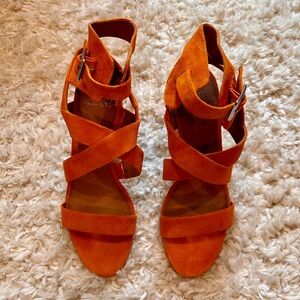 Never worn - orange suede heeled sandals, size 8.5